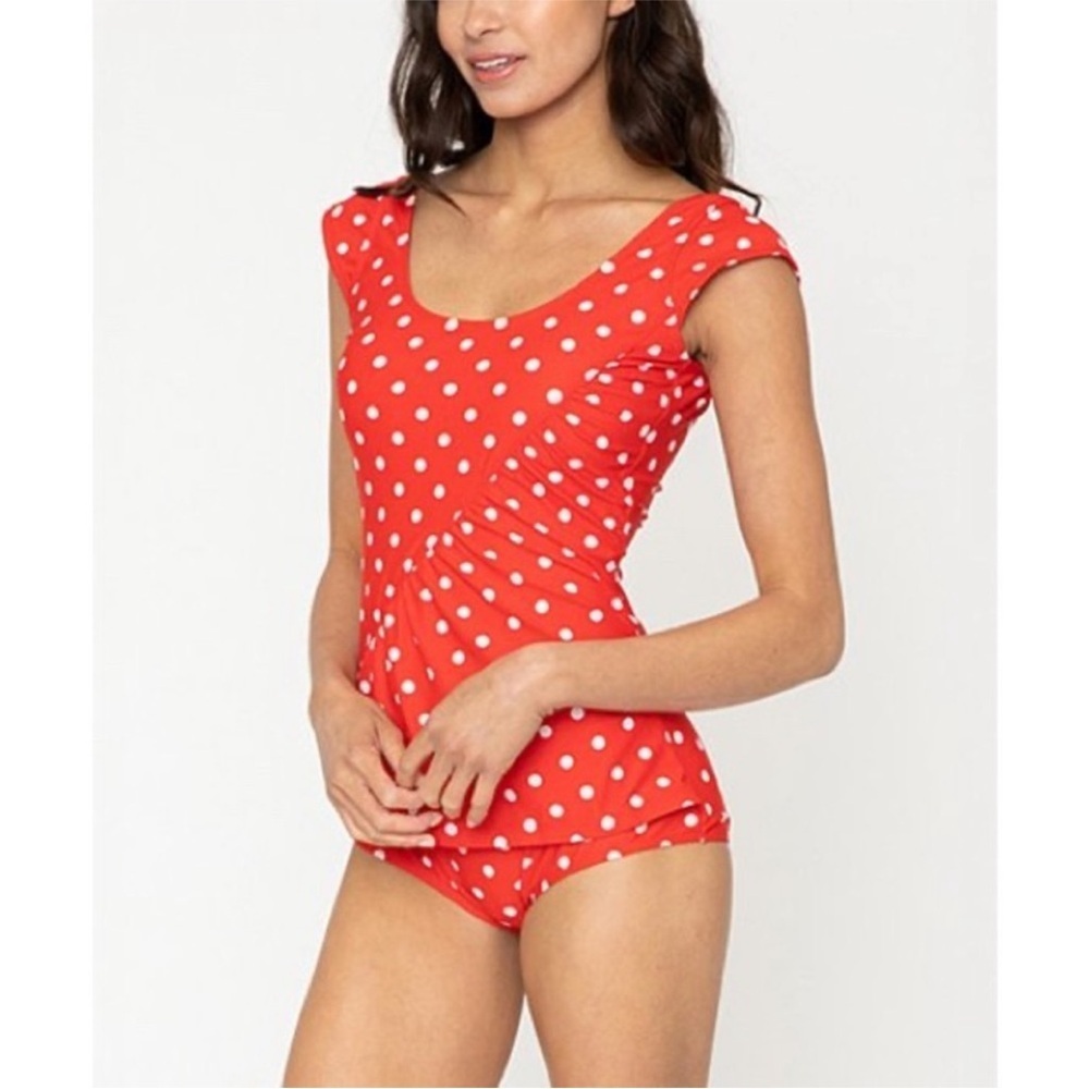 MARINA Red and White Polka Dot Vintage Look One Piece Swimsuit NWT Large